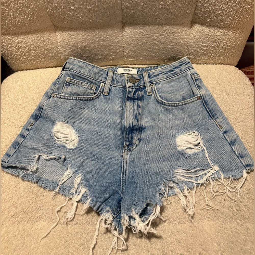 Forever 21 High Waisted Light Blue Distressed Jean Shorts